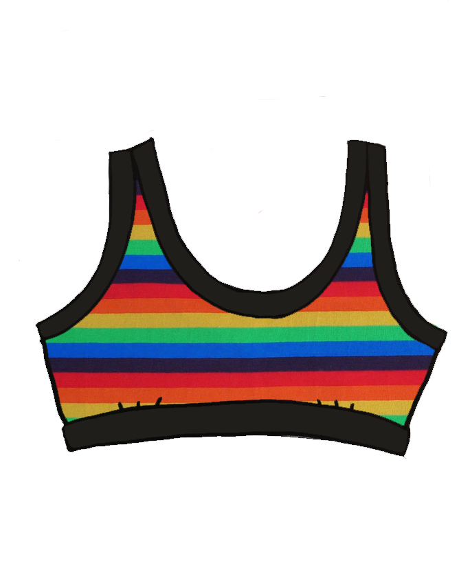 Drawing of Thunderpants organic cotton Bralette in rainbow stripes.