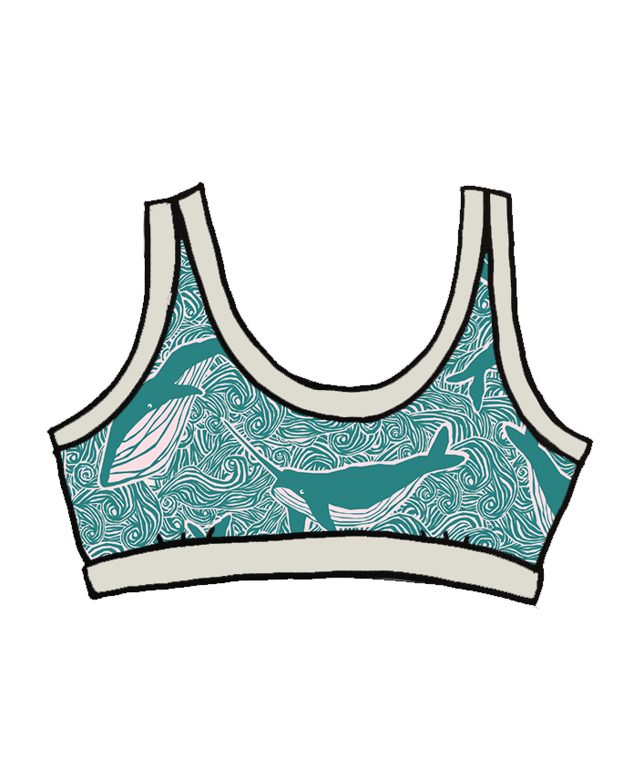 Drawing of Thunderpants organic cotton Bralette in a teal whale print.