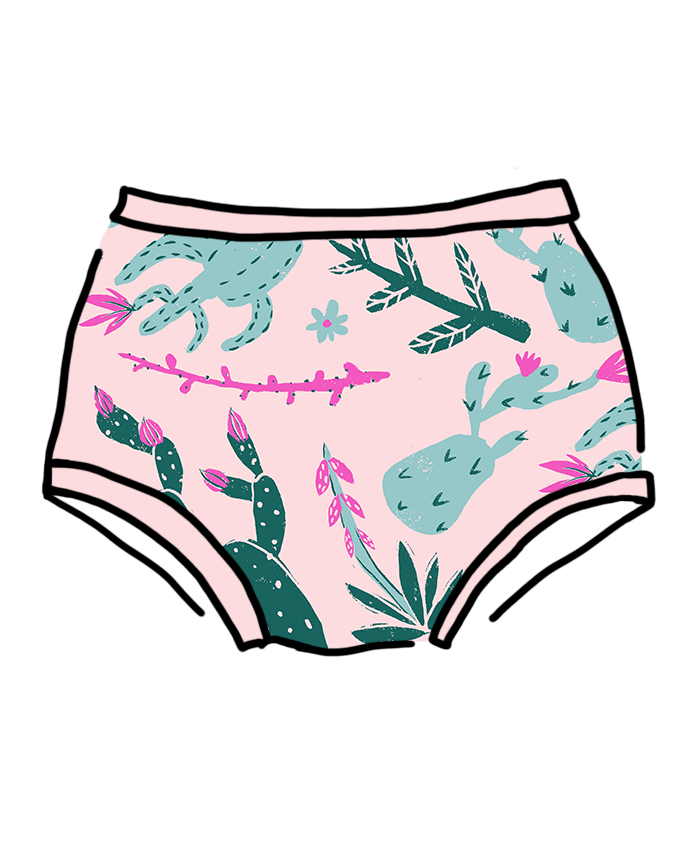 Drawing of Thunderpants organic cotton Original style underwear in Prickly Cactus: pink and green cactus printed on Perfect Pink.