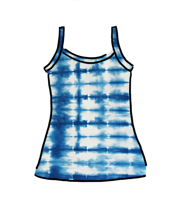 Drawing of Thunderpants Organic Cotton Camisole in shibori hand dyed indigo color.