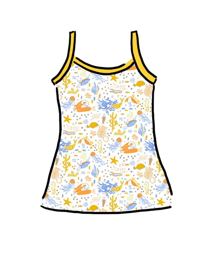 Drawing of Thunderpants Organic Cotton Camisole in Under the Sea print: Vanilla with small blue, orange, and gold underwater prints with Golden Yellow binding.