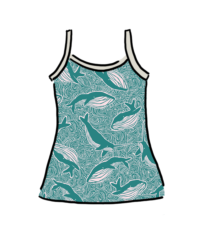 Drawing of Thunderpants Organic Cotton Camisole in Marine Whale print: turquoise all over whale and ocean print.