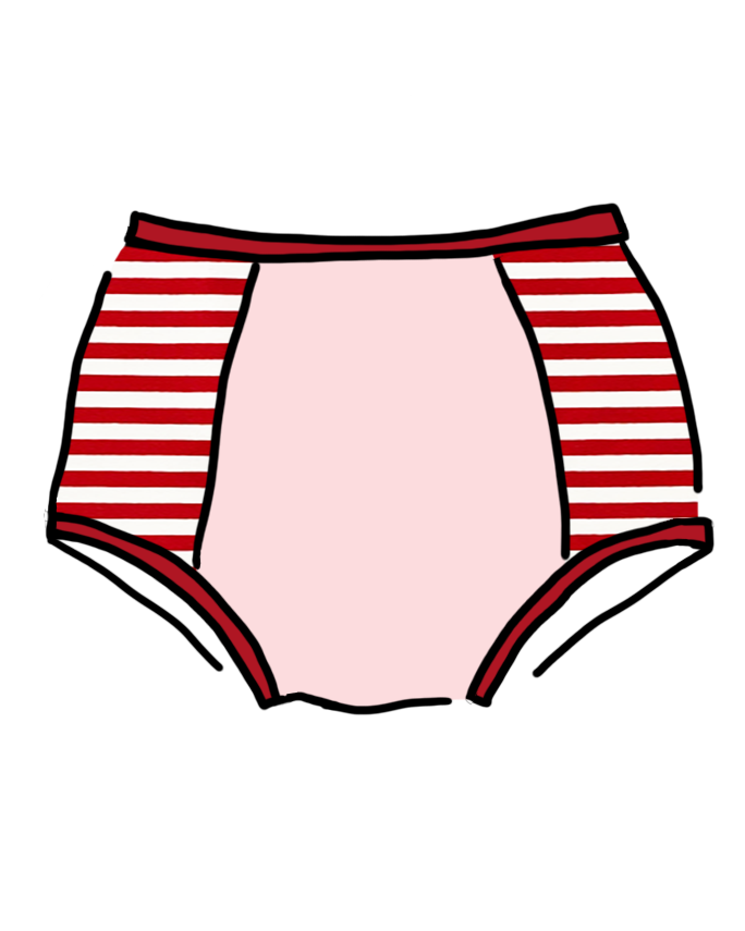 Drawing of Thunderpants organic cotton Women’s Original Panel Pant style underwear with pink center and red and white stripe sides..