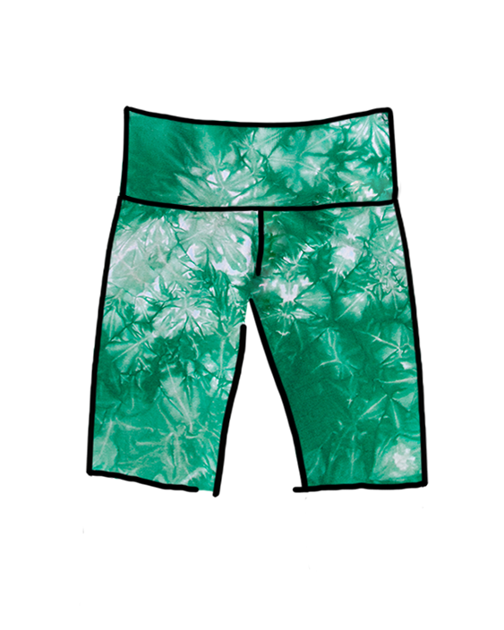 Drawing of Thunderpants Organic Cotton Bike Shorts in a hand dyed Clover Green scrunch dye.
