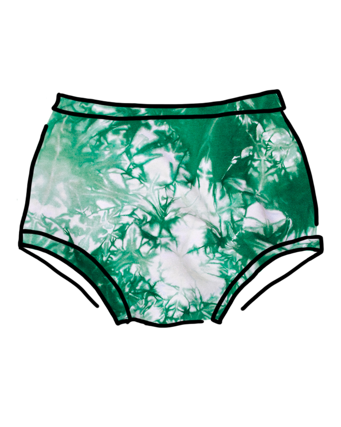 Drawing of Thunderpants Organic Cotton Original style underwear in a hand dyed Clover Green scrunch dye.