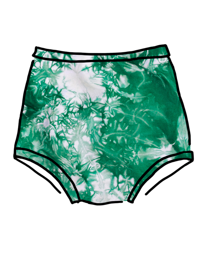Drawing of Thunderpants Organic Cotton Sky Rise style underwear in a hand dyed Clover Green scrunch dye.