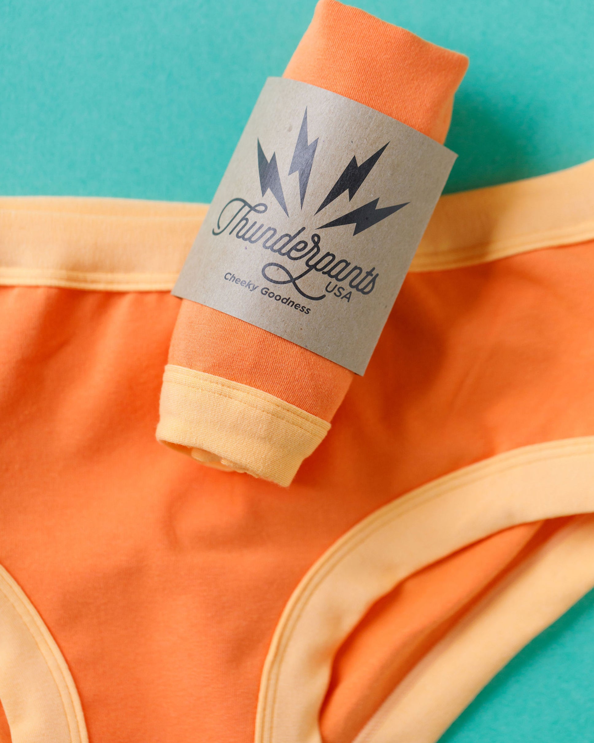 Close up flat lay of Thunderpanst Hipster style underwear in Creamsicle: dark orange with light orange binding.