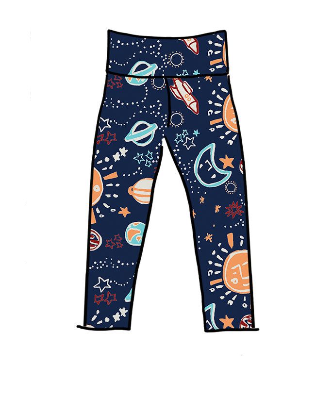 Drawing of Thunderpants organic cotton High Rise 3/4 Length Leggings in space print.