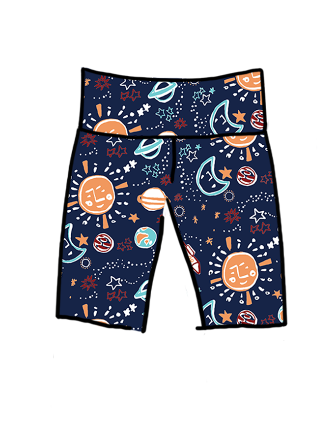 Drawing of Thunderpants organic cotton High Rise Bike Shorts in a sun, planet, stars, and universe print.