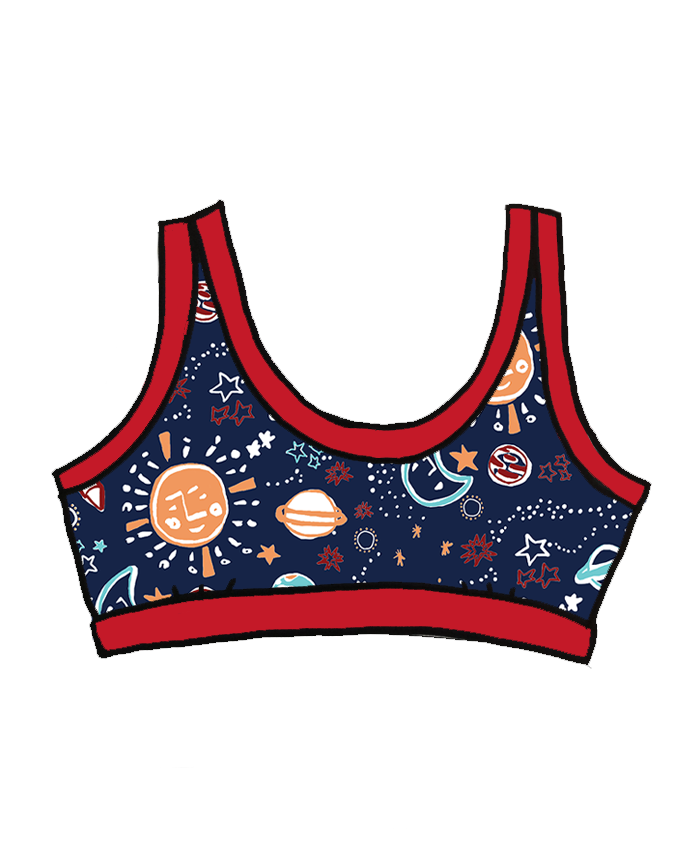 Drawing of Thunderpants organic cotton Bralette in a sun, planet, stars, and universe print.