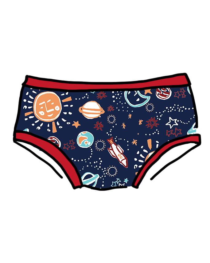 Drawing of Thunderpants organic cotton Hipster style underwear in a sun, planets, stars, and universe print.