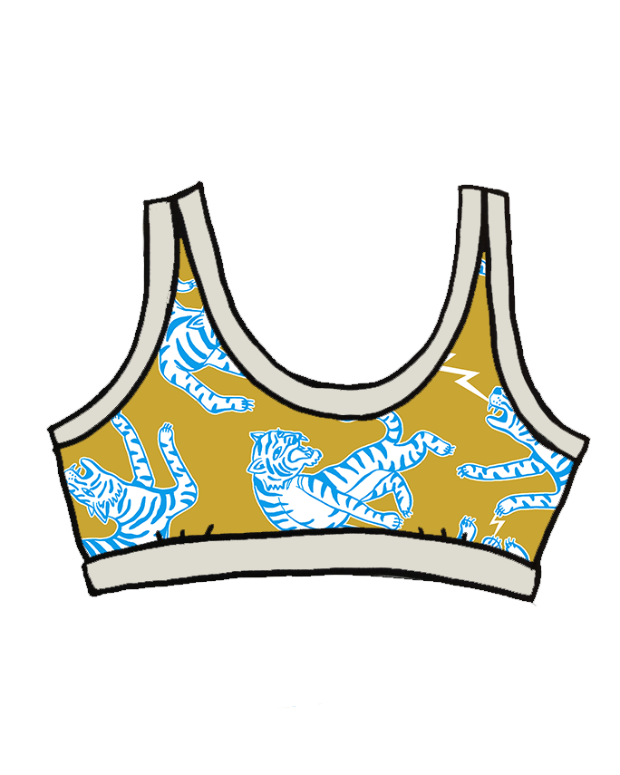 Drawing of Thunderpants Organic Cotton Bralette in Easy Tiger - chartreuse with blue and white tigers.