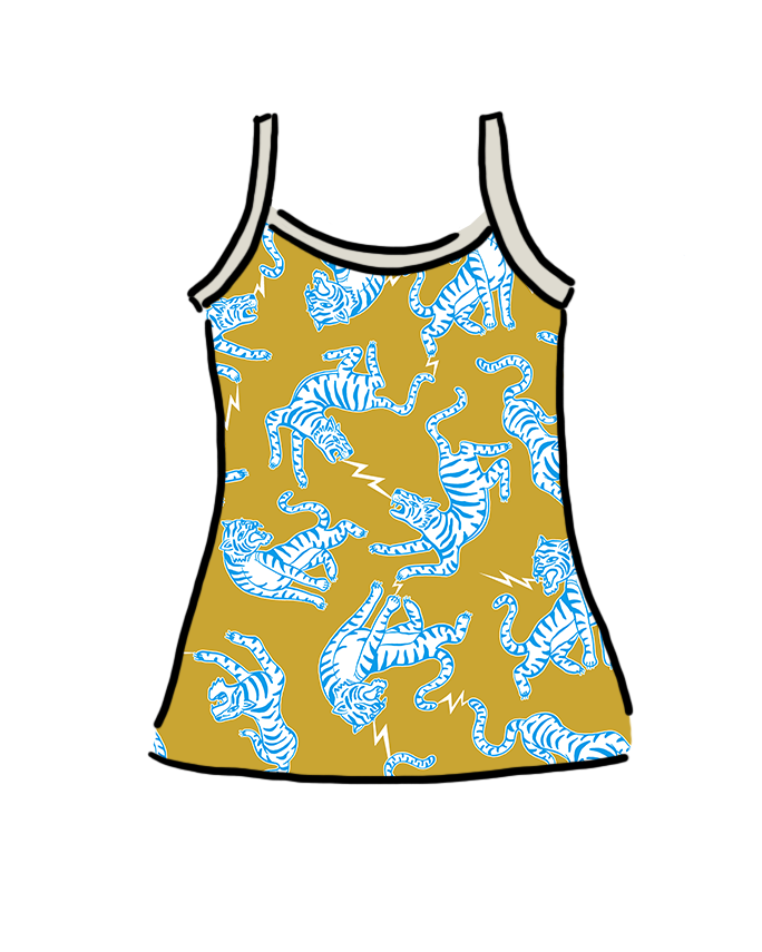 Drawing of Thunderpants Organic Cotton Camisole in Easy Tiger - chartreuse with blue and white tigers.