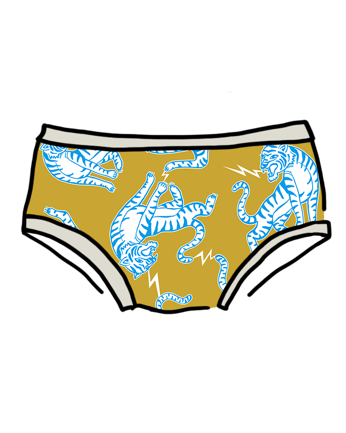 Drawing of Thunderpants Organic Cotton Hipster style underwear in Easy Tiger - chartreuse with blue and white tigers.
