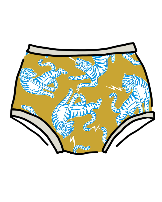 Drawing of Thunderpants Organic Cotton Original style underwear in Easy Tiger - chartreuse with blue and white tigers.