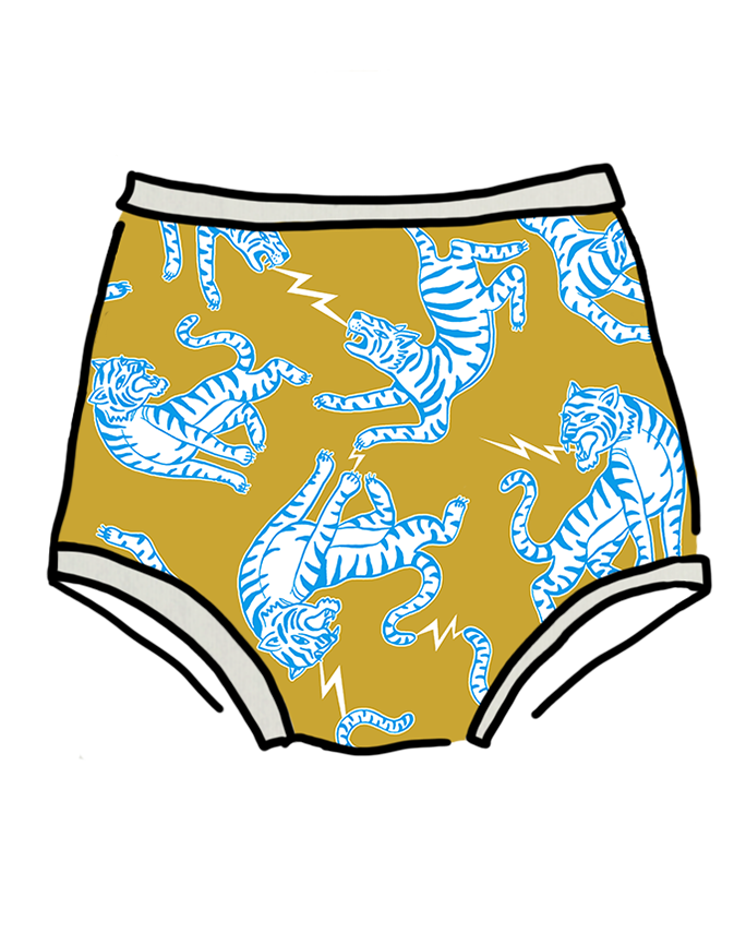 Drawing of Thunderpants Organic Cotton Sky Rise style underwear in Easy Tiger - chartreuse with blue and white tigers.