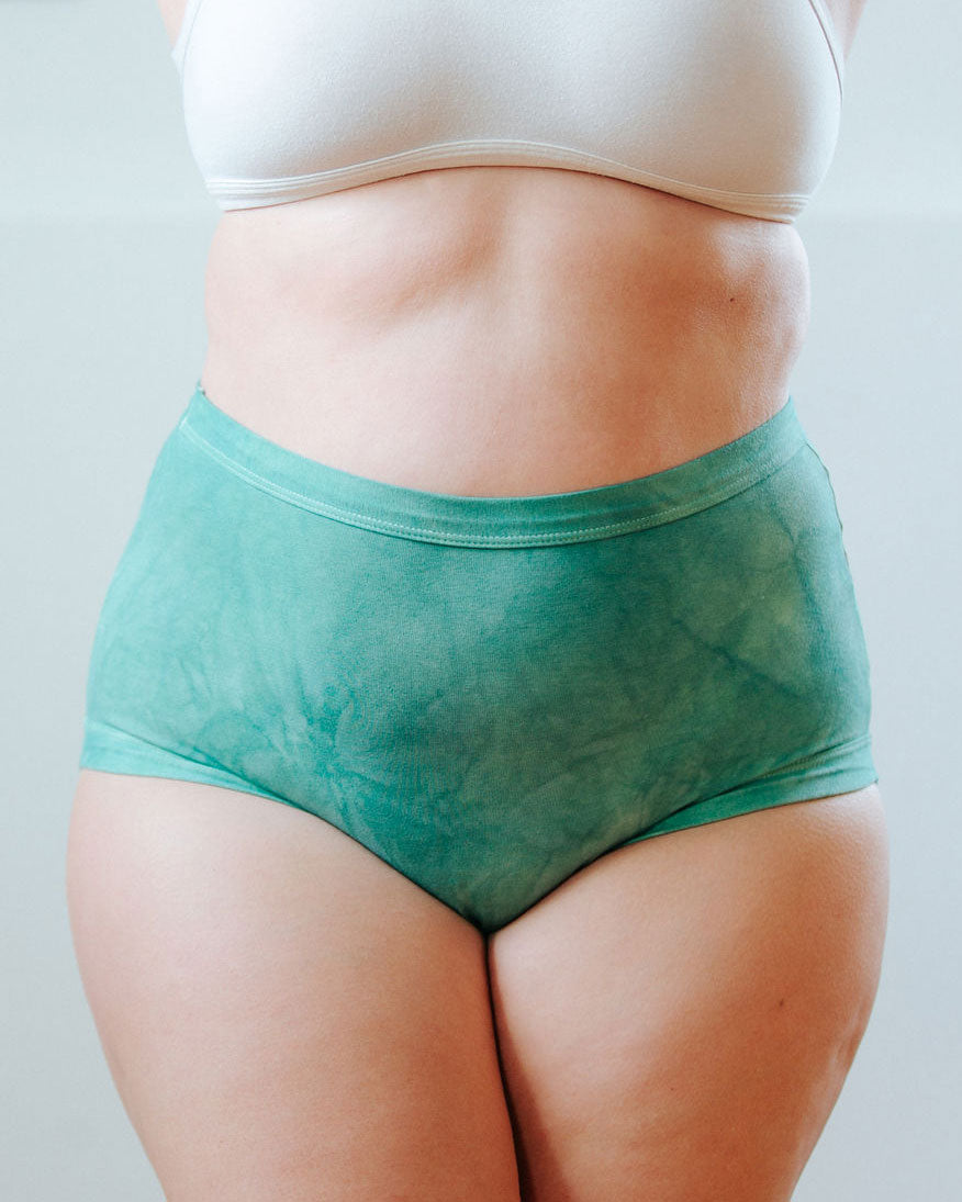 Front photo showing Thunderpants Organic Cotton original style underwear in hand dyed Emerald color on a model.