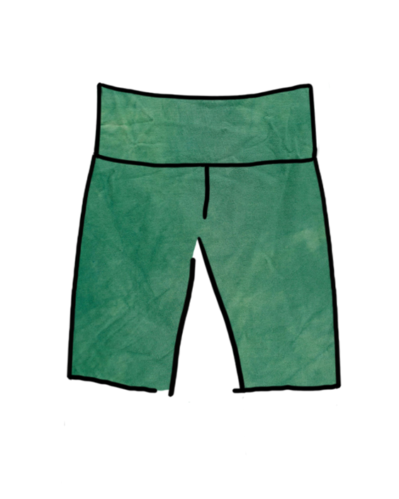 Drawing of Thunderpants Organic Cotton Bike Shorts in a hand dyed Emerald color.