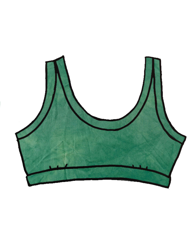 Drawing of Thunderpants Organic Cotton Bralette in a hand dyed Emerald color.