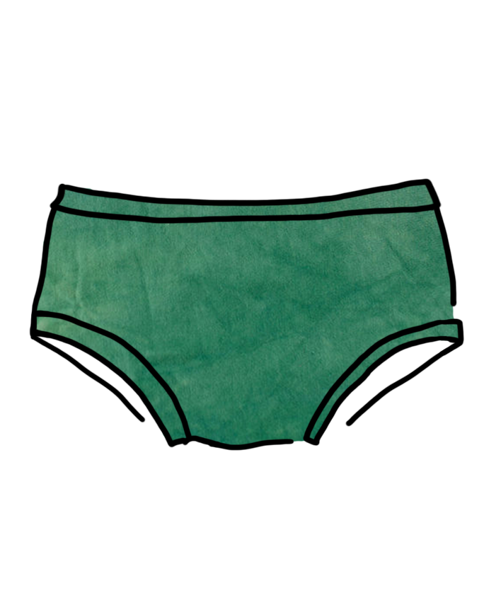 Drawing of Thunderpants Organic Cotton Hipster style underwear in hand dyed Emerald color.