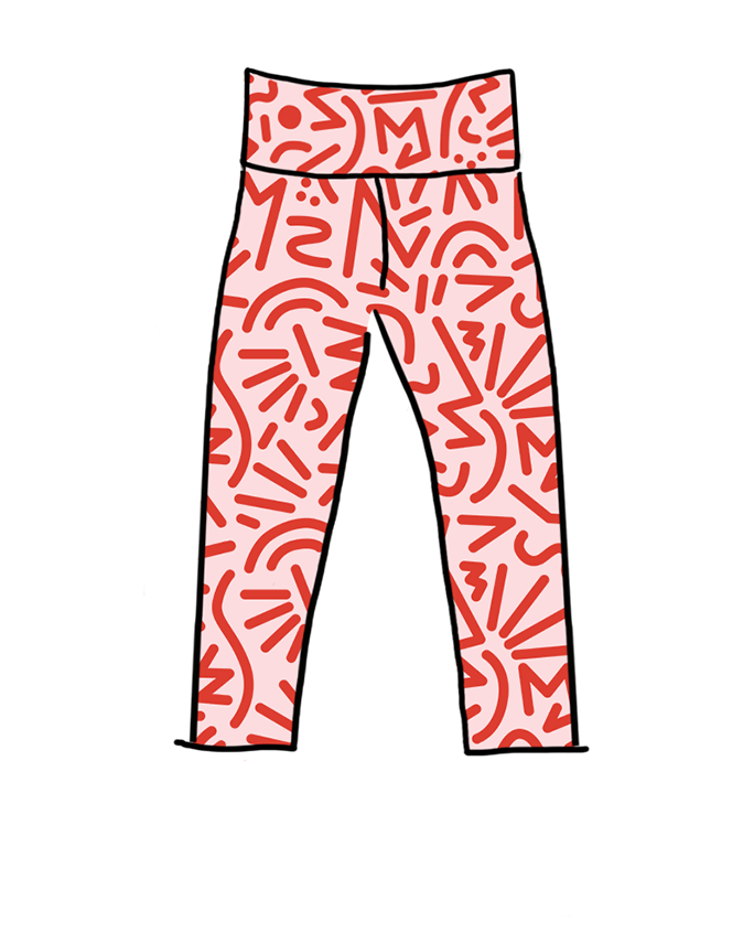 Drawing of Thunderpants organic cotton High Rise 3/4 Length Leggings in pink with red squigglies print