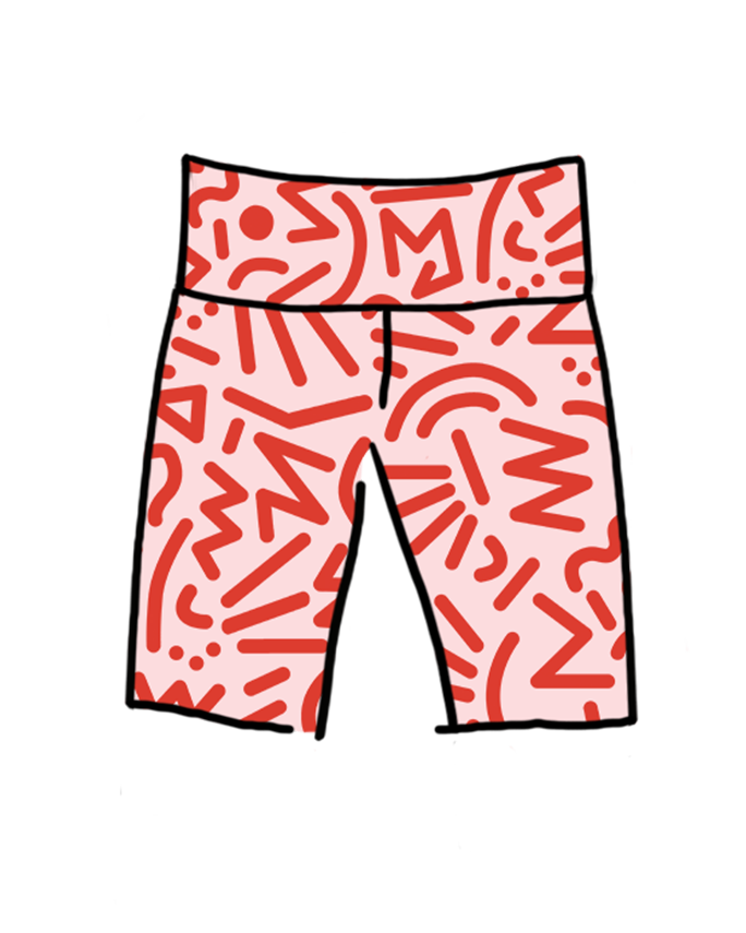 Drawing of Thunderpants organic cotton High Rise Bike Shorts in pink with red squigglies print.