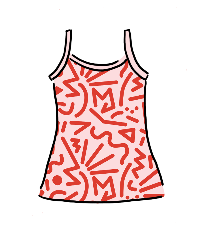 Drawing of Thunderpants organic cotton Camisole in pink with red squigglies print.