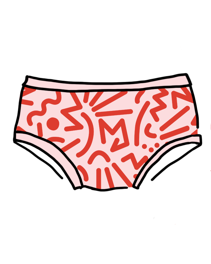 Drawing of Thunderpants organic cotton Hipster style underwear in pink with red squigglies print.