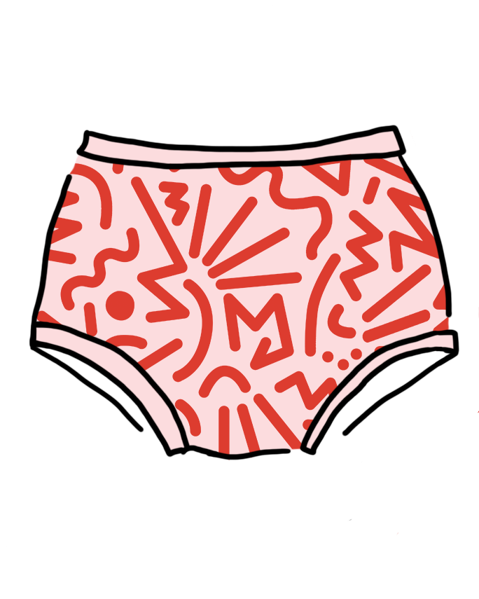 Drawing of Thunderpants organic cotton Original style underwear in Energy Vibes: pink with red squigglies print.