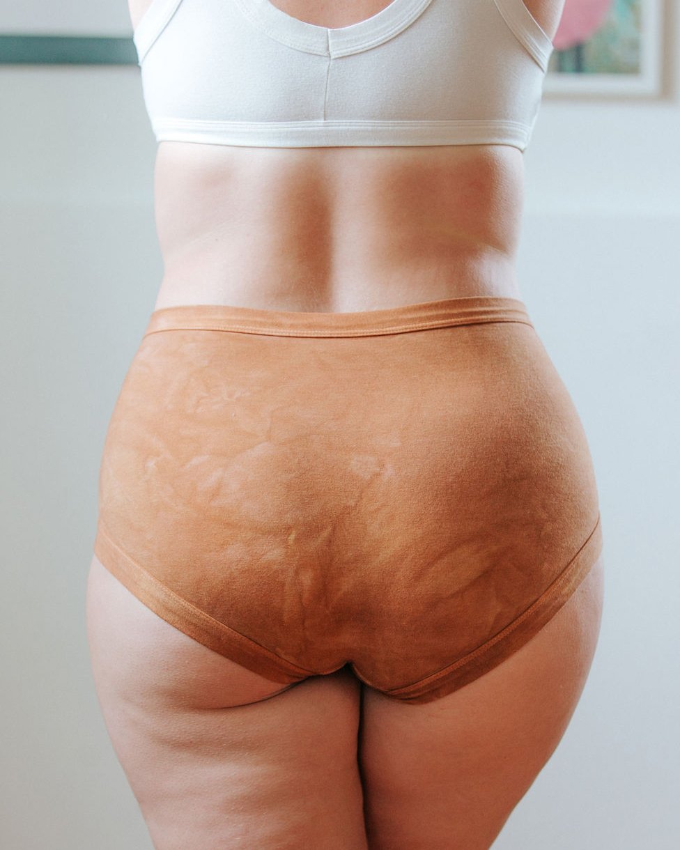 Photo of a bum showing Thunderpants Organic Cotton original style underwear in hand dyed Espresso color on a model.