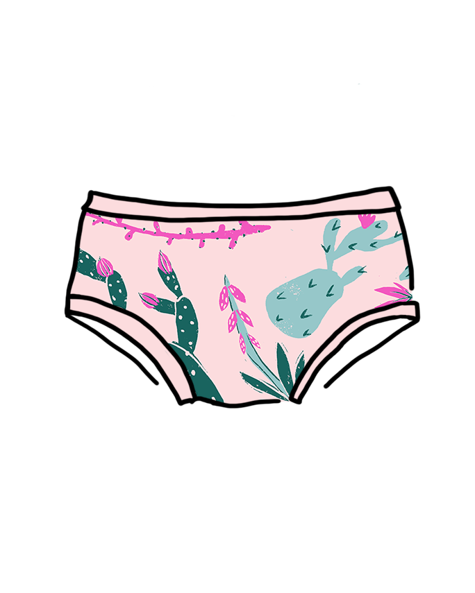 Drawing of Thunderpants Kids style underwear in Prickly Cactus: pink and green cactus print.