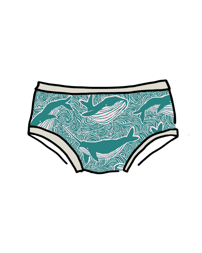 Drawing of Thunderpants brief style kids underwear in a teal whales print.