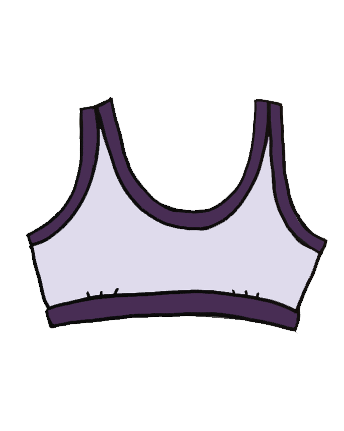 Drawing of Bralette in Lavender color with dark purple binding.