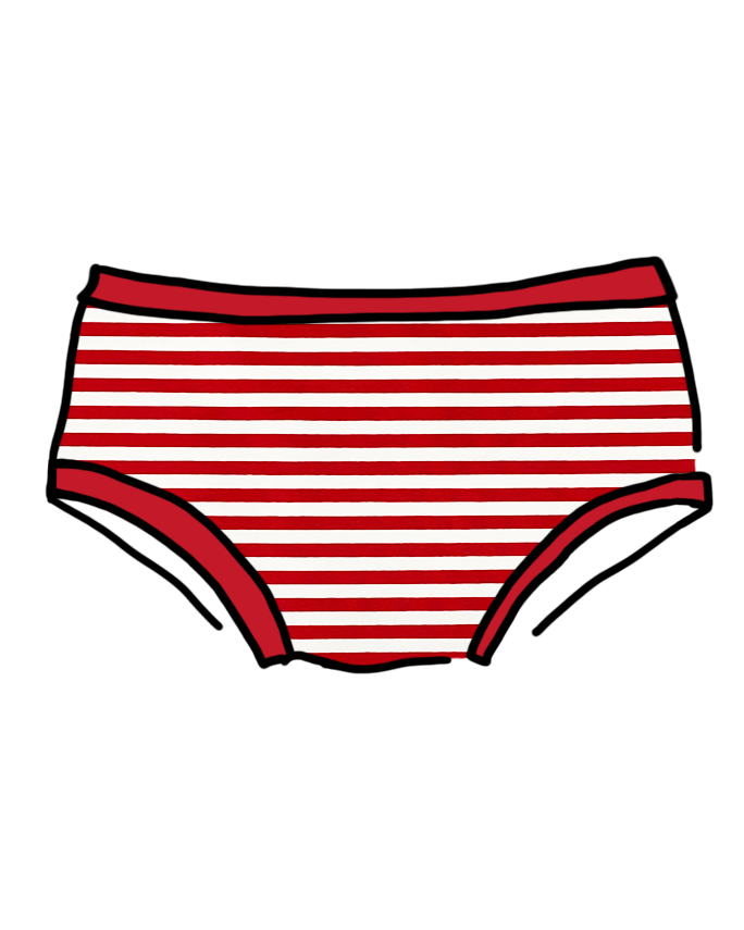 Drawing of Thunderpants organic cotton Women’s Hipster style underwear in red and white stripes.