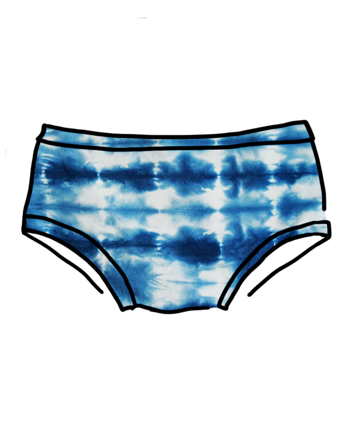 Drawing of Thunderpants Organic Cotton Hipster style underwear in shibori hand dyed indigo color.