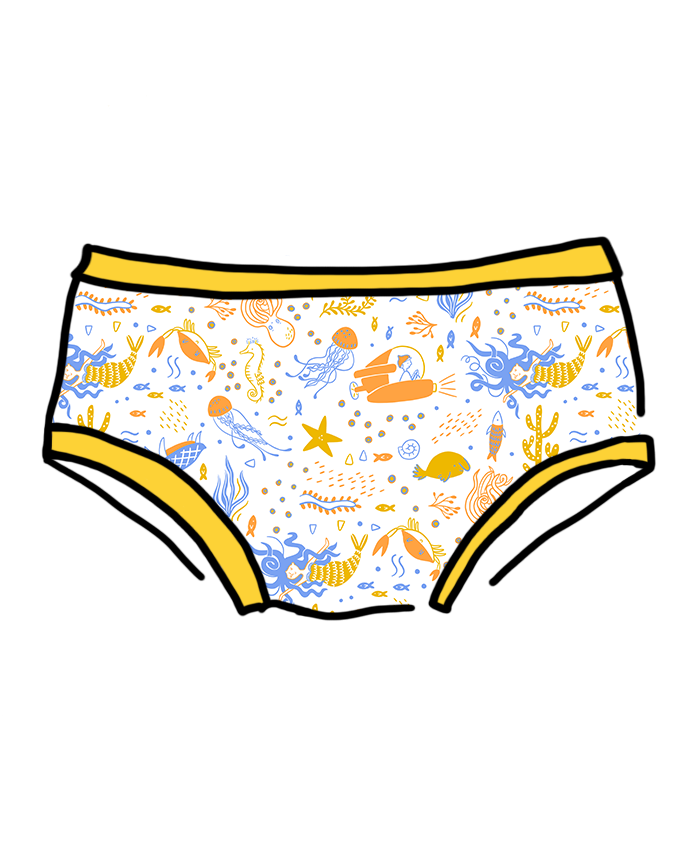 Drawing of Thunderpants Organic Cotton Hipster style underwear in Under the Sea print: Vanilla with small blue, orange, and gold underwater prints with Golden Yellow binding.