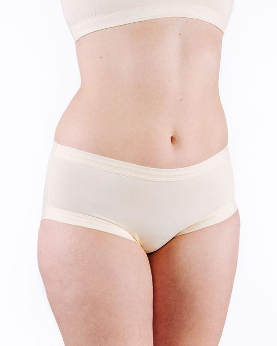 Fit photo from the front of Thunderpants organic cotton Women’s Hipster style underwear in off-white vanilla on a woman.