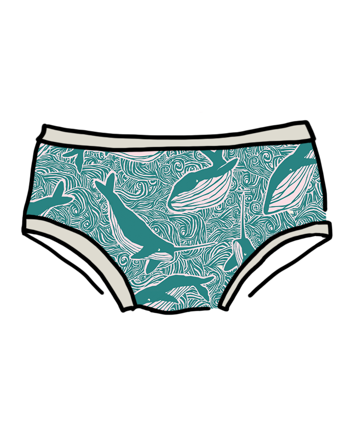 Drawing of Thunderpants organic cotton Hipster style underwear in a teal whales print.