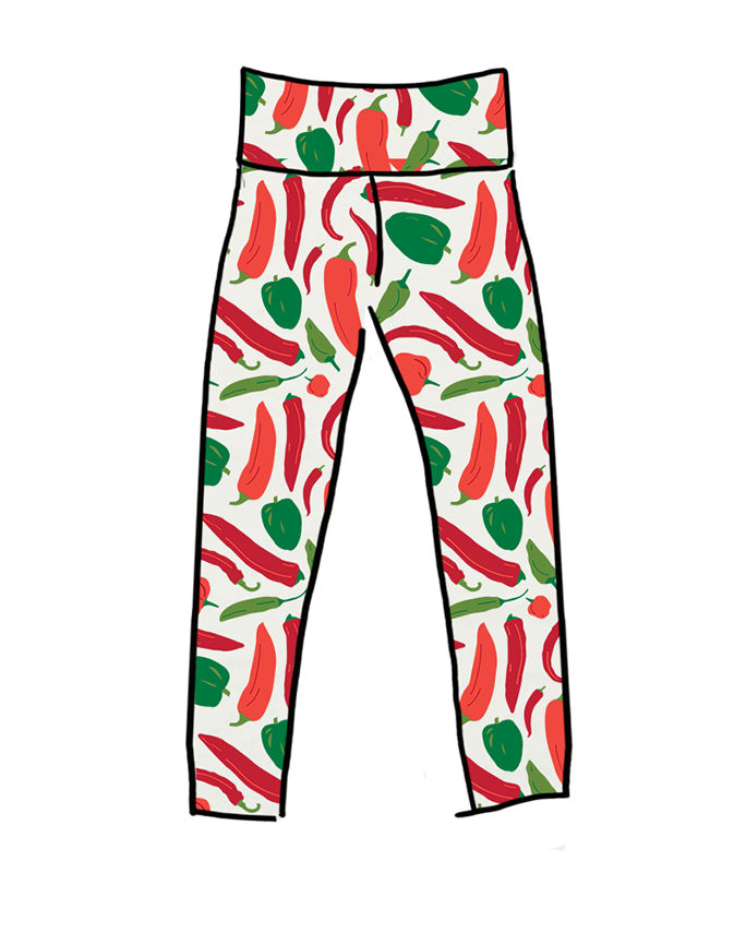 Drawing of Thunderpants Organic Cotton Leggings in Hot Pants print: various green, orange, and red peppers printed on Vanilla with red binding.