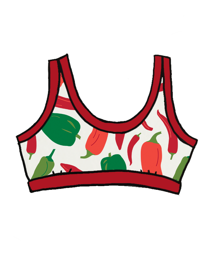 Drawing of Thunderpants Organic Cotton Bralette in Hot Pants print: various green, red, and orange peppers printed on Vanilla with red binding.