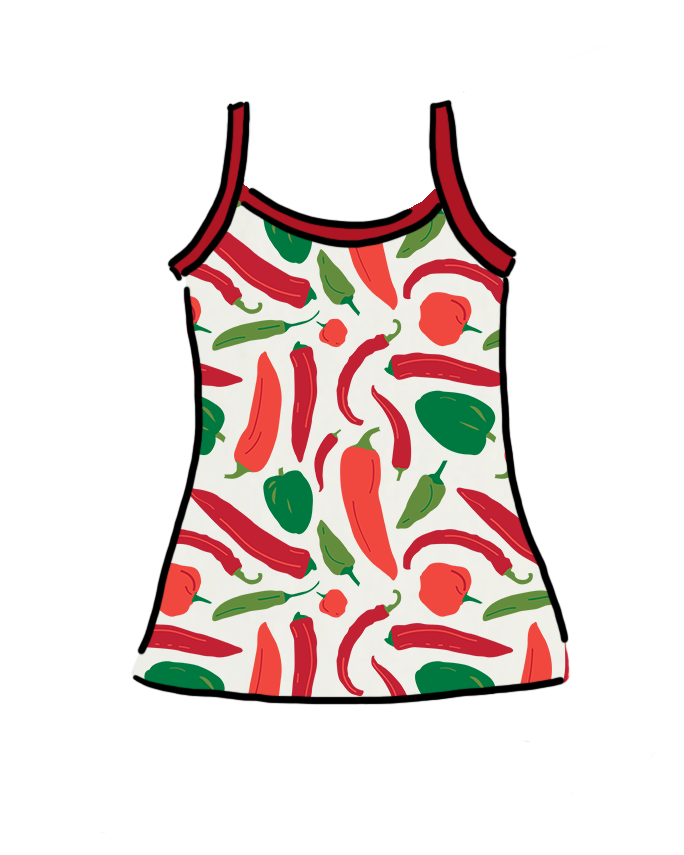Drawing of Thunderpants Organic Cotton Camisole in Hot Pants print: various green, orange, and red peppers printed on Vanilla with red binding.