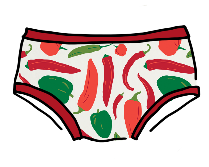 Drawing of Thunderpants Organic Cotton Hipster style underwear in Hot Pants print: various green, orange, and red peppers printed on Vanilla with red binding.