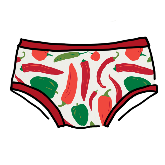Drawing of Thunderpants Organic Cotton Hipster style underwear in Hot Pants print: various green, orange, and red peppers printed on Vanilla with red binding.