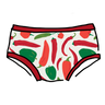Drawing of Thunderpants Organic Cotton Hipster style underwear in Hot Pants print: various green, orange, and red peppers printed on Vanilla with red binding.