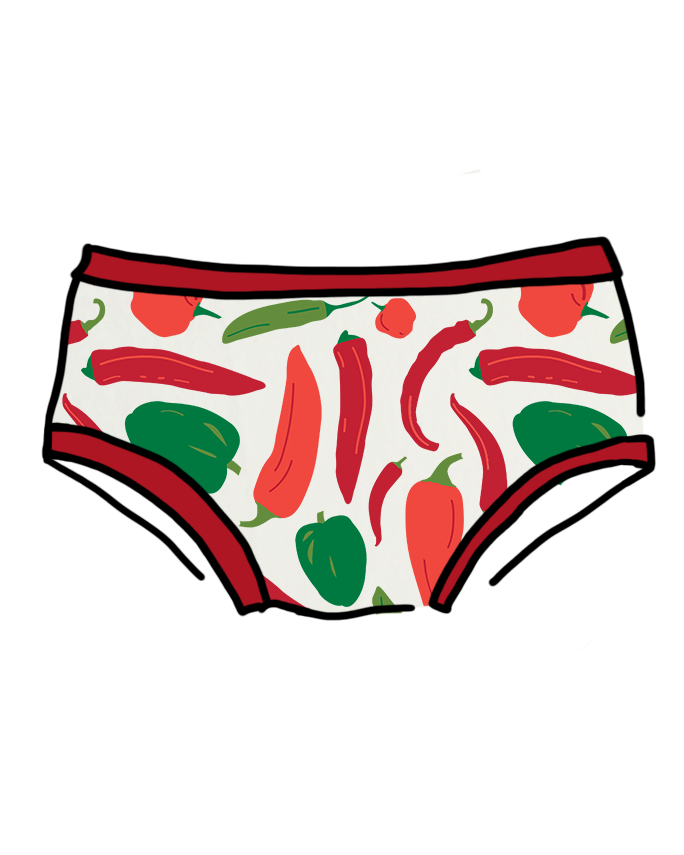 Drawing of Thunderpants Organic Cotton Hipster style underwear in Hot Pants print: various green, orange, and red peppers printed on Vanilla with red binding.