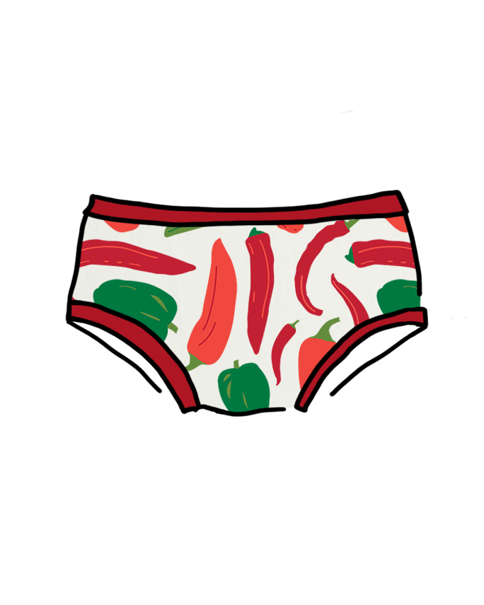 Drawing of Thunderpants Organic Cotton Kids underwear in Hot Pants: various green, orange, and red peppers printed on Vanilla with red binding.
