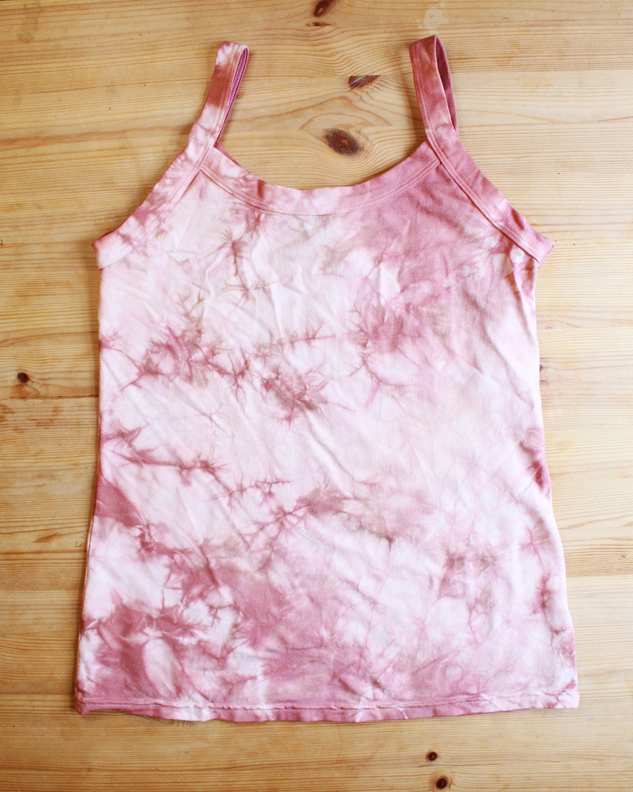 Front flat-lay of Thunderpants organic cotton Camisole in limited edition hand dyed pink tie dye.