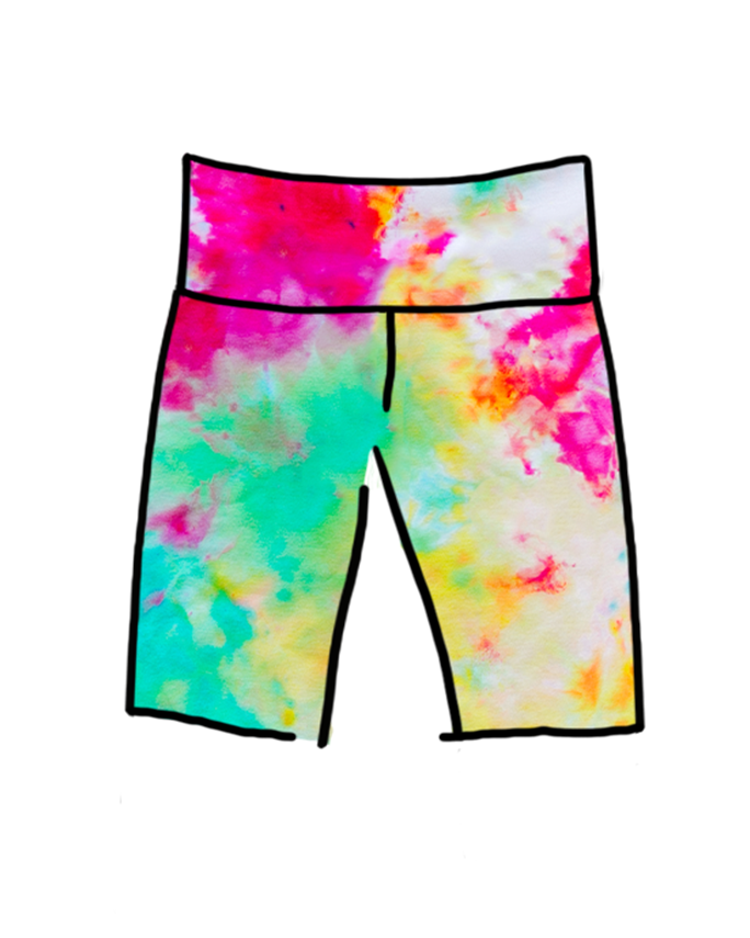 Drawing of Ice Dyed Bike Shorts in a mix of pink, green, and yellow colors.