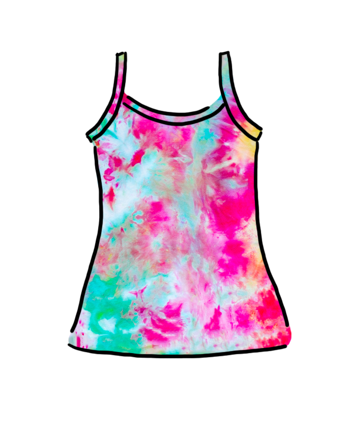Drawing of an Ice Dyed Camisole with a mix of bright pink, green, and yellow colors.