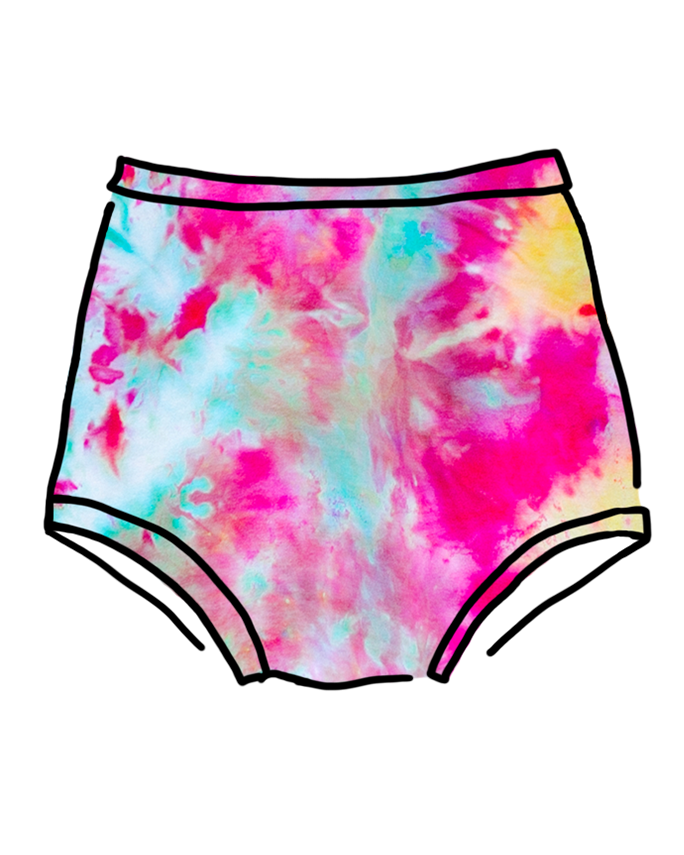 Drawing of Ice Dyed Sky Rise style underwear in a mix of pink, green, and yellow colors.
